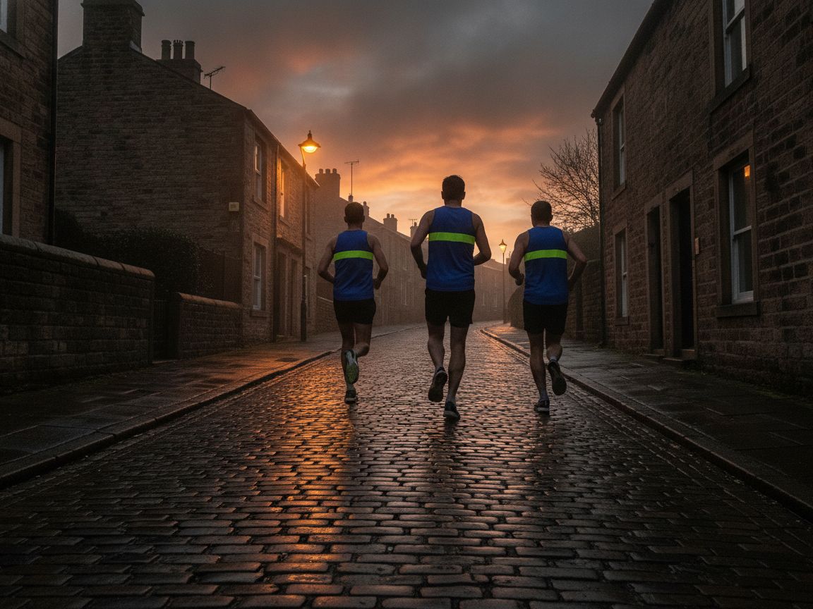 Three Harriers climbing a cobbled street at dusk