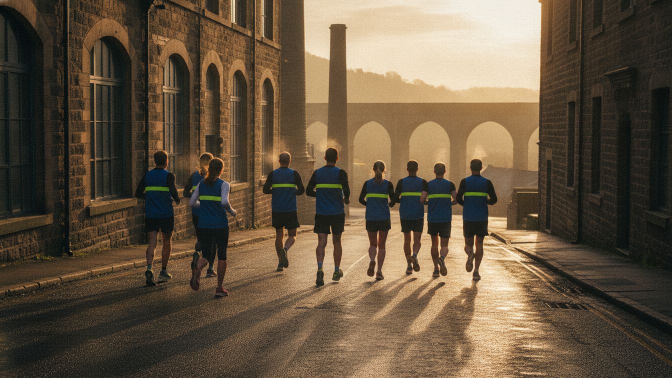 A pack of Viaduct Harriers in cobalt and volt vests climbing a wet mill-town road at dawn