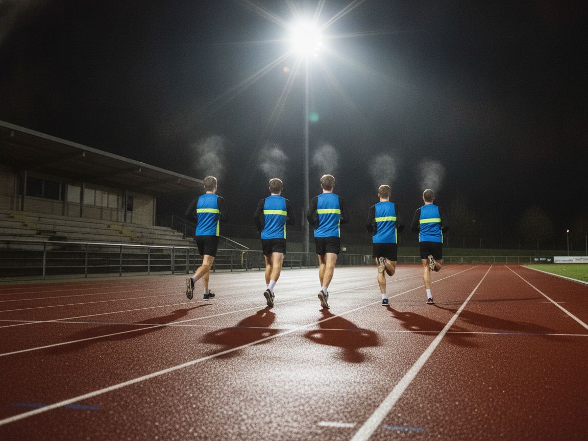 Harriers in single file on a floodlit track